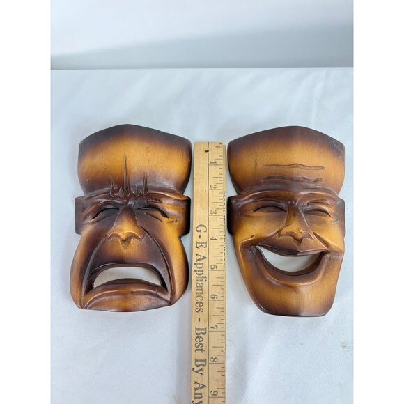VTG Wood Tragedy & Comedy Theater Wall Masks Hand Carved 7" Decorative Set - Picture 3 of 5